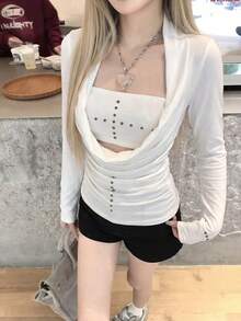 两件套性感铆钉露脐上衣和长袖紧身连衣裙套装 白色 春季 - 白色 - 查看 1