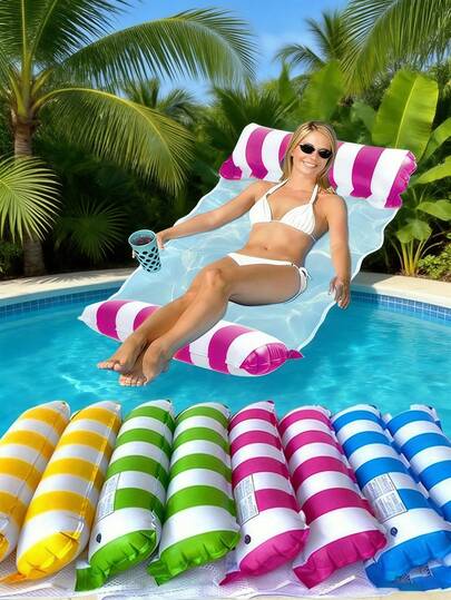 1 pièce Hamac de piscine gonflable à rayures, convient aux adultes, adapté pour les vacances, les fêtes et la détente. Couleurs incluant le rose, le jaune, le blanc, le vert, le bleu. Hamac d'extérieur essentiel pour la plage et la piscine. Chaise longue flottante gonflable rayée, hamac d'eau pour adultes, idéal pour la photographie, convient aux hommes et aux femmes