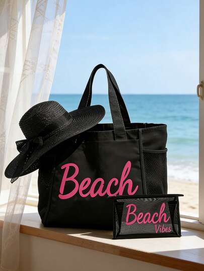 1 Set Beach Tote Bag For Women Printed With "Beach Viles" Pattern, With Sun Hat & Makeup Pouch, Beach Tote With Mesh Pockets,Portable Large-Capacity Shopping Bag,Multi-Functional Storage Bag, Mesh Bag, Beach Bag, Travel Wash Bag, Makeup Bag, For Mother'S Day, Teachers' Day, Back To School, For Women, Mom, Teachers, Friends, For Holiday Vacation, Weekend Getaway, Short Trip,Outdoor Essentials,Beach Life