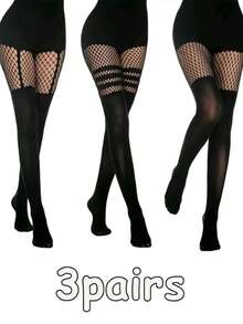3双装性感镂空连裤袜，镂空吊袜带，密网眼丝袜，夜店女王黑色丝绸性感渔网袜 - 彩色 - 查看 1