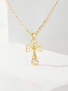1pc Classic European & American Style Copper Inlaid Zirconia Small Hollow Cross Jesus Pendant Necklace, Limited Edition, Suitable For Christmas/Thanksgiving/Halloween/Mother's Day/Valentine's Day Gifts, Catholic First Communion, Daily & Holiday Wear, Prayer - Yellow Gold - View 5