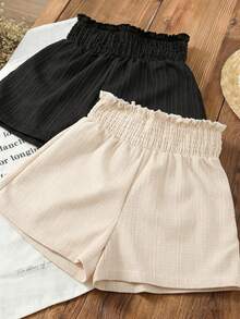 2pcs Girls Ruffled Elastic Waist Shorts, Children Casual Flowy Summer Shorts, Machine Washable - Black - View 5