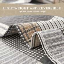 Plaid Quilt Set Queen Size Lightweight Bedspread Set Grey Brown White Patchwork Quilts Reversible Coverlet with 2 Pillow Shams Soft Microfibers for All Season - Cuadros grises y marrones - Ver 5