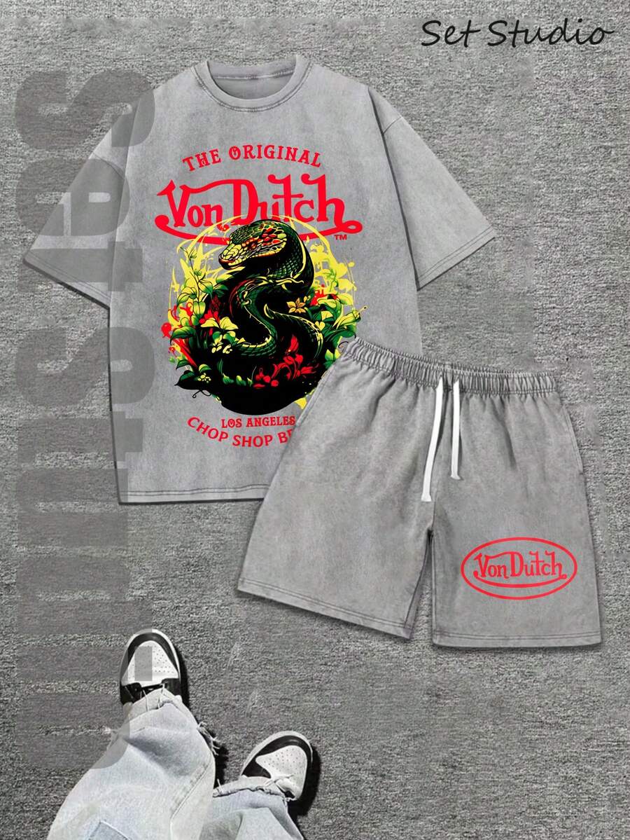 Mens Creative T-Shirt And Shorts Set American Vintage Full Print Street Wear Essential T-Shirt Set Men Graphic T-Shirt And Shorts Set With Dragon And Von Dutchs Logo Print Washed Look For Casual Outfits And Urban Style - Xám - Xem 1