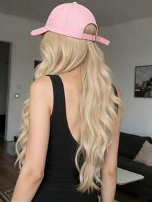 26英寸金色长卷发假发，配有粉色一体式棒球帽，耐热，适合日常佩戴 - 金色 - 查看 6