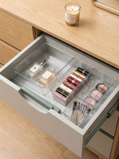 7pcs/1pc Cosmetic Storage Box, Stackable Drawer Built-In Divider Organizer, Free Combination Dressing Table Perfume Organizer, Transparent PET Durable Exquisite Skincare Storage Box, Suitable For Makeup Organization, Kitchen Supplies Storage, Student Supplies Storage, Office Supplies Classification, Back-To-School Supplies