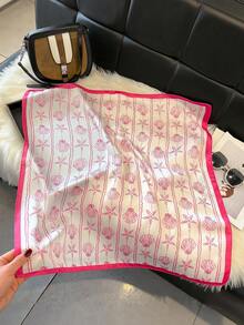 1条仿丝简约设计贝壳和海星印花27.6英寸方巾，多功能用途，可作头巾、腰带、装饰丝带、发饰，适合日常佩戴、海滩、度假、配饰、旅行必备。 - 粉色 - 查看 5