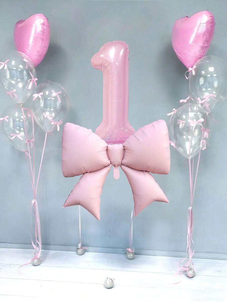 12件套生日装饰套装,包括:大型粉色蝴蝶结铝箔气球、40英寸粉色0-9数字气球、18英寸粉色心形气球、透明乳胶气球(含气球丝带),适用于生日派对、周年纪念装饰。 - 粉色 - 查看 1