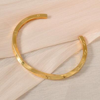 1pc Simple Light Luxury 18k Gold Plated Mobius Engraved Open Bracelet For Women Men Daily Wear, Couple Jewelry