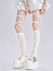 1 Pair White Lace-Up Knee High Socks For Women, Unique Cross Bow Tie Design Thigh High Stockings, Stretchy Ballerina Socks Suitable For Daily Wear, Party, Cosplay And Streetwear, Spring/Summer - trắng - Xem 8