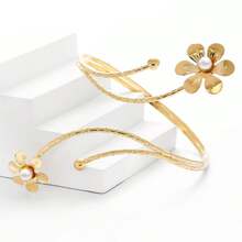 1 pieza Brazalete de brazo geométrico en espiral de moda con decoración de flores y perlas, ajustable, regalo - Brazalete de perlas y flores - Ver 3
