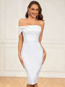 Đầm cocktail ôm sát dài đến đầu gối, cổ bất đối xứng, xẻ tà phía trước, thích hợp cho tiệc Valentine, dự đám cưới. - trắng - Xem 1