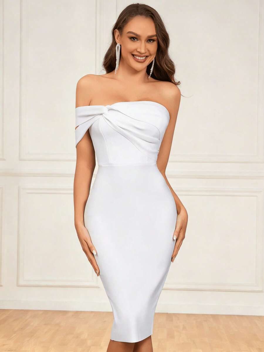 Đầm cocktail ôm sát dài đến đầu gối, cổ bất đối xứng, xẻ tà phía trước, thích hợp cho tiệc Valentine, dự đám cưới. - trắng - Xem 1