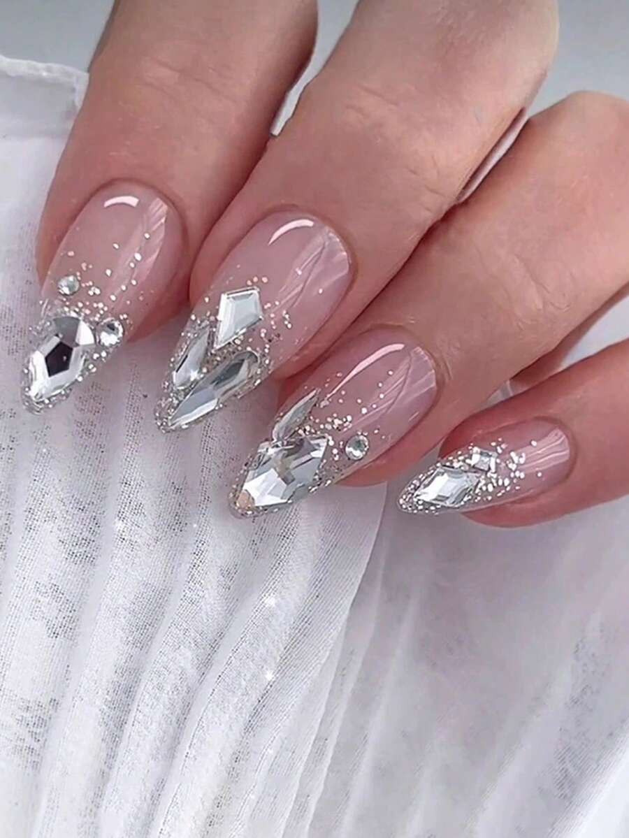 24pcs INS Fresh Summer Almond-Shaped Nail Stickers, Full Coverage Handmade Crystal Rhinestone Fake Nails With Manicure Tool Kit, Suitable For Women Party, Wedding, Vacation, Daily Wear - Multicolor - View 1