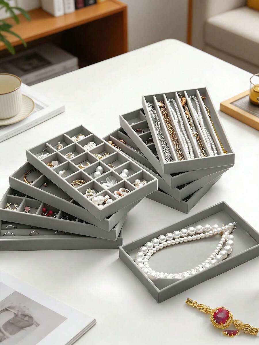 1/4件装天鹅绒首饰托盘，多隔层戒指耳环项链展示收纳托盘，桌面首饰收纳架
