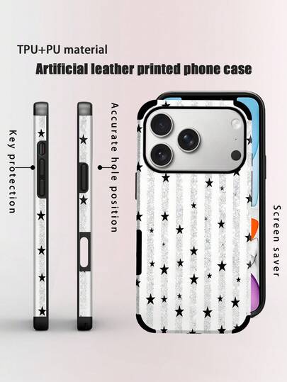 1个条纹闪光星形设计仿皮防震软手机壳，适用于苹果17 Pro Max/16 Pro Max/16 Plus/13 Pro Max/14 Pro Max/13/14/11/12 Pro/11/15 Pro、三星Galaxy S24 Ultra，扬声器孔设计，节日礼物