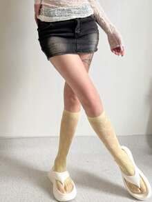 1 Pair Lace Flower Ruffle Socks, Mesh Hollow Mid-Calf Socks, Ballerina Style Socks For Women - Mustard Yellow - View 4