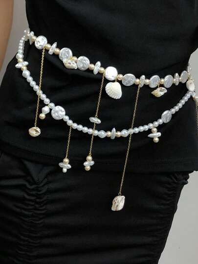 1 mặt dây chuyền vỏ sò ngọc trai mùa hè, dây đeo eo tua rua hai lớp, phụ kiện thiết kế đa năng dành cho nữ.