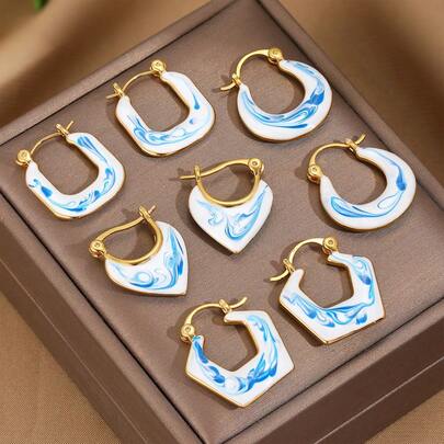 一对复古手工18K镀金铜几何耳环，饰以随机陶瓷花卉图案，优雅别致