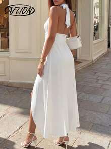 Aflion 女士白色纯色吊带V领无袖腰部金属环系带不对称下摆中长连衣裙，弹力针织面料，透气修身性感优雅连衣裙，适合春季、夏季、秋季、情人节、约会、度假、夜店等场合。 - 白色 - 查看 2
