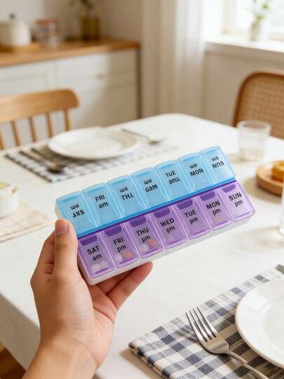 1 hộp đựng thuốc 7 ngày sáng/chiều, hộp thuốc hai lớp dung tích lớn, có nắp đậy chống ẩm, tiện dụng khi đi du lịch và ở nhà, hộp đựng thuốc hai lớp di động, dụng cụ nhắc nhở và phân phát thuốc cho người cao tuổi.