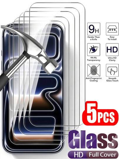 5片装超清钢化玻璃屏幕保护膜，9H防爆防刮，适用于 17 Pro Max/16/15/14 Plus/13/12/11系列，光滑防油涂层，无气泡，自动吸附，安装简便