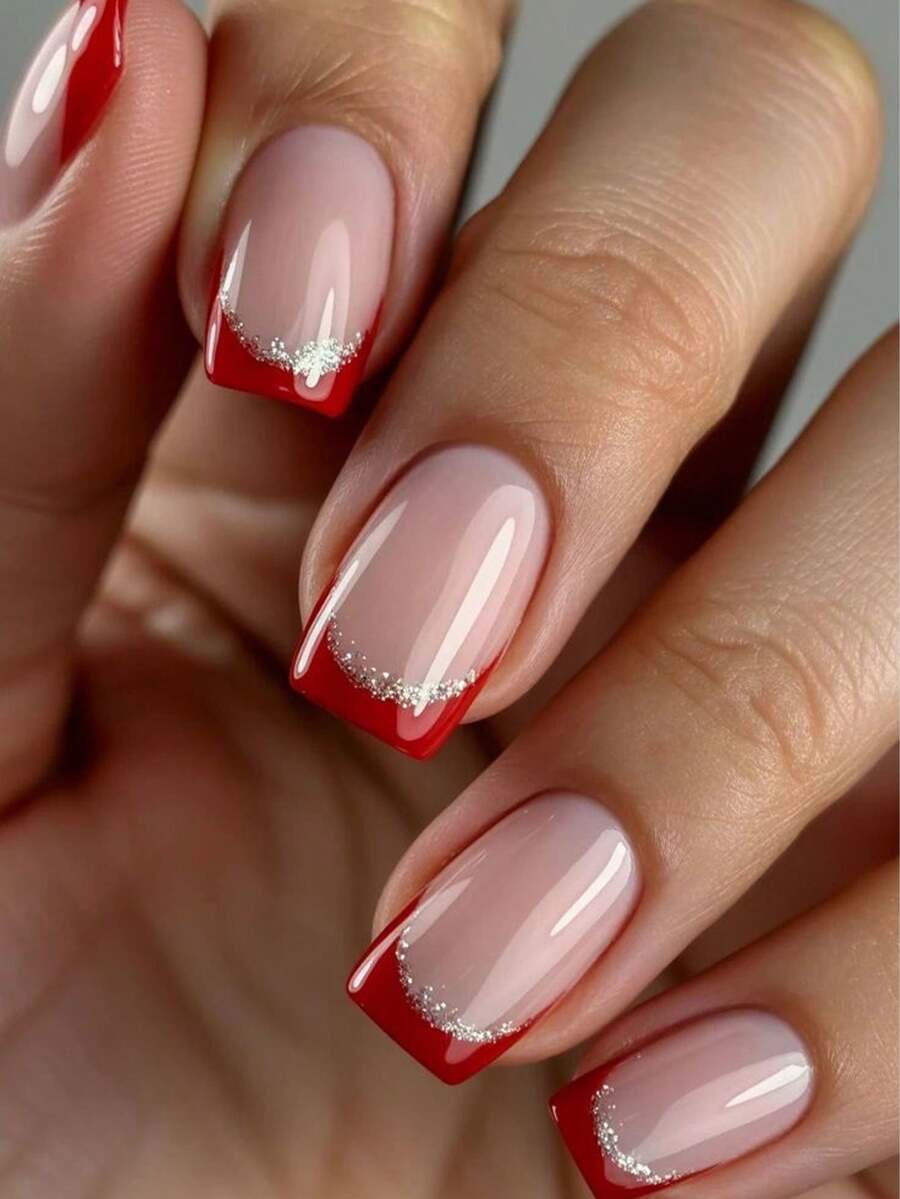 24片红色法式方形短款美甲贴纸，提升您的时尚品味！简约时尚，经久耐用，可重复使用。套装包含1瓶甲油胶和1把指甲锉，适合女性和女孩日常佩戴，也适用于派对和其他场合。 - 紅色 - 查看 1