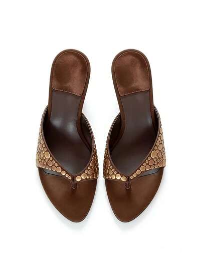 Vintage Rivet Stiletto Sandals, Women's Summer Thong Slides Mid Heel Mules, Elegant Outdoor Wear High Heel Slippers In Brown