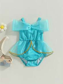 Baby Girls Summer Casual Tutu Romper Blue Short Sleeve Off Shoulder Tulle Romper - Blue - View 1