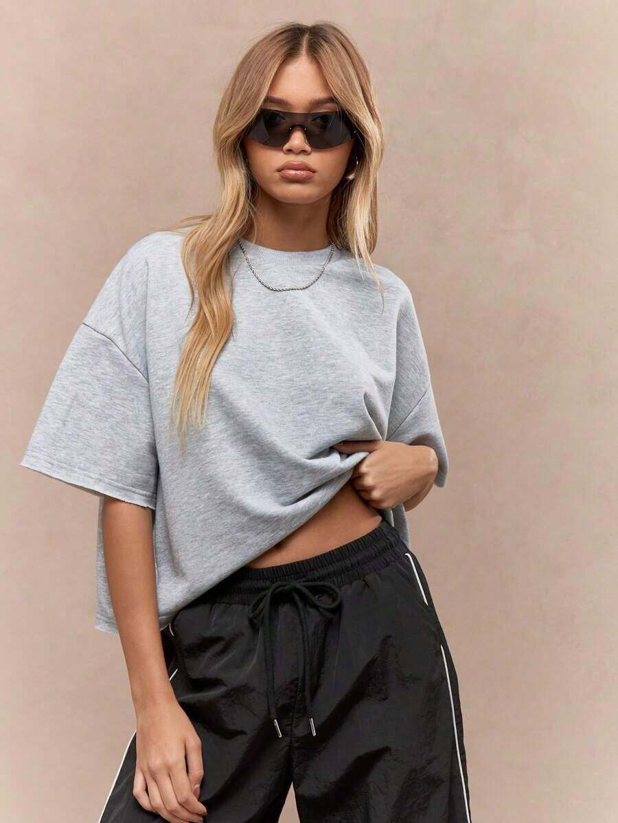 Oversized Heavy T-Shirt Modern Streetwear Essential Boxy Cut Casual Summer Basic Loopback Top Ultra Soft Minimalist Urban Fashion Staple-Unisex Summer Casual Vintage Cotton Printed T-Shirts For Couples - Xám - Xem 1