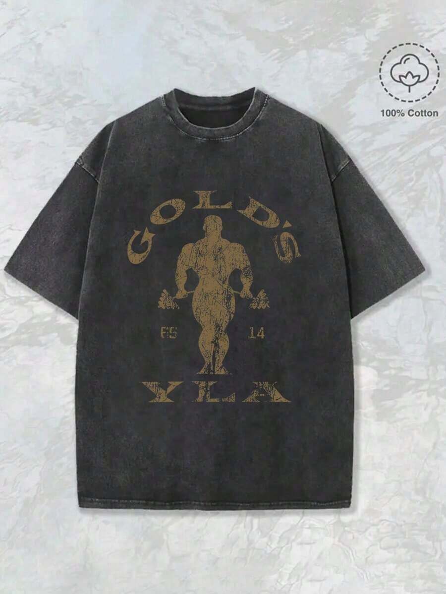Gym Motivation Design With Golden Lettering & Weightlifting Art Print Washed T Shirt 230gsm, Round Neck Gym & Outdoor Sports Apparel, All-Season Fitness Shirt, Training Gear, Sporty Design, Durable Construction, Performance Wear, Casual Athletes, Halloween & Christmas Casual Wear, Gym Shirts, Comfortable Fit Shirt, Workout Clothing, Street Style, Fitness Enthusiasts - 黑色 - 查看 1