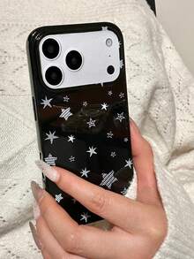 Phone Case: Black Cool White Star Grid Full Screen Pattern Phone Case Compatible With IPhone 17 Pro Max Air 16 15 14 13 12 11 Pro Max Plus Mini Girl Minimalist Stylish Personalized Gloss Shockproof Protective Cover - Black - View 3