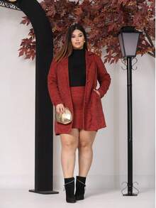 Women's Plus Size Curve Long Ribbed Knit Jacket With Pockets - Elegant Blazer - Autumn Fashion - Terracotta - View 5