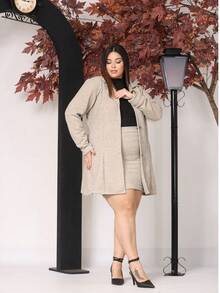Women's Plus Size Curve Long Ribbed Knit Jacket With Pockets - Elegant Blazer - Autumn Fashion - 淺米色 - 查看 4