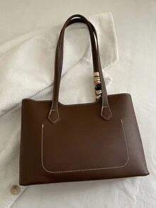 Bolsa tote minimalista de cor sólida com lenço, ideal para compras, como carteira, para mulheres jovens, estudantes universitárias, recém-casadas e profissionais. Perfeita para escritório, universidade, trabalho, negócios, deslocamentos diários, atividades ao ar livre, viagens e excursões. - Castanho - Ver 8