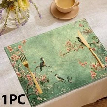 Bộ 4/6/8 tấm lót bàn ăn họa tiết chim và hoa cổ điển, trang trí tiệc, thảm trải bàn bằng vải lanh (khăn trải bàn in có thể giặt), tấm bảo vệ bề mặt, vật trang trí lý tưởng cho nhà bếp trong dịp lễ và các buổi họp mặt gia đình. - Nhiều màu - Xem 11
