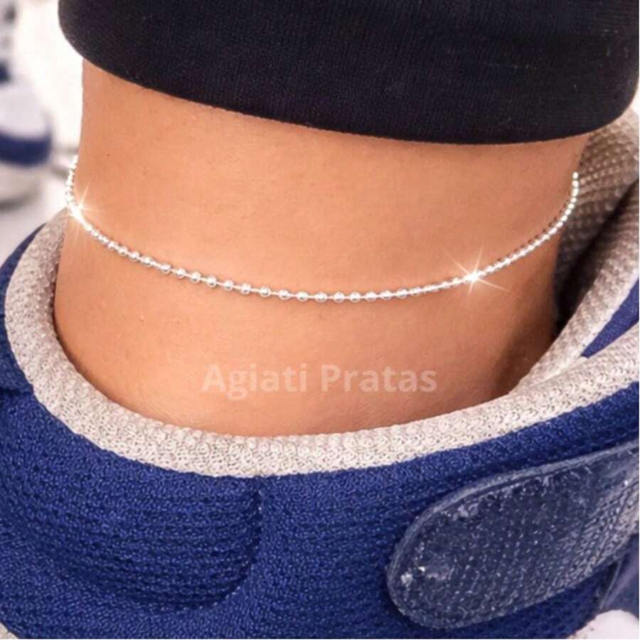 Anklet With Mini Beads In Genuine 925 Sterling Silver, 25.5cm - 銀色 - 查看 1