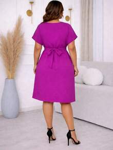 Women's Plus Size Midi Dress, Loose Fit, Comfortable, And Loose Style. - 玫瑰紅 - 查看 2