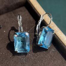 Fashionable & Elegant Aquamarine Cubic Zirconia Square Transparent Pendant Earrings, Suitable For Daily Wear, Holidays, And Most Occasions, Great For Women And Girls - Baby Blue - View 4