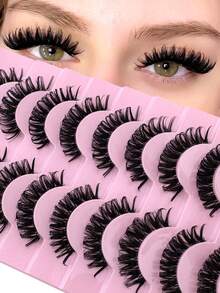 10对卡通貂毛假睫毛，透明带俄罗斯条纹假睫毛，蓬松猫眼假睫毛，卷翘假睫毛，DD卷度浓密假睫毛，自然浓密睫毛嫁接，可重复使用，旅行必备美妆单品 - 黑色 - 查看 8