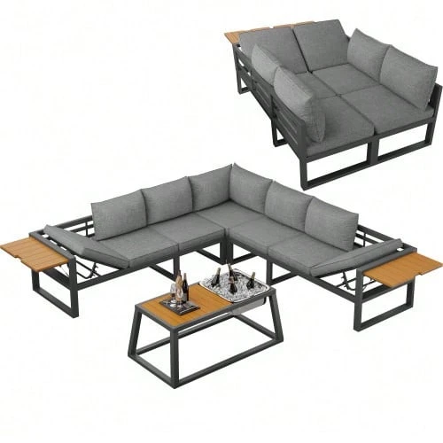 Modular Outdoor Sofa Set With Adjustable Backrest, Folding Armrests And Metal Ice Bucket, 10 Cm Thick Cushions For Terrace, Balcony, Poolside, Grey/Beige - 灰色 - 查看 1