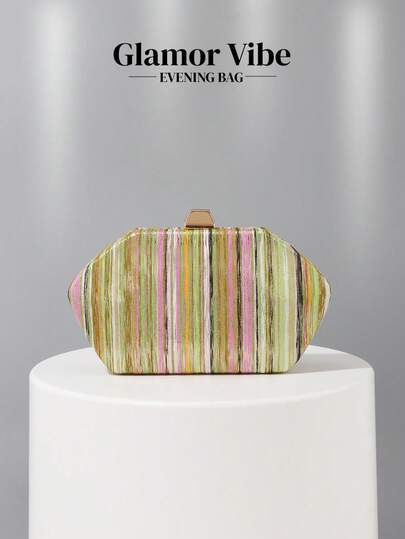 Túi xách dạ hội hình lục giác sọc nhiều màu sắc Glamor Vibe, túi xách da sọc dự tiệc, ví cầm tay cứng cáp sọc rực rỡ, túi đeo vai dây xích thời trang, phù hợp cho đám cưới, tiệc tùng, dạ hội, hẹn hò, kết hợp với váy dạ hội.