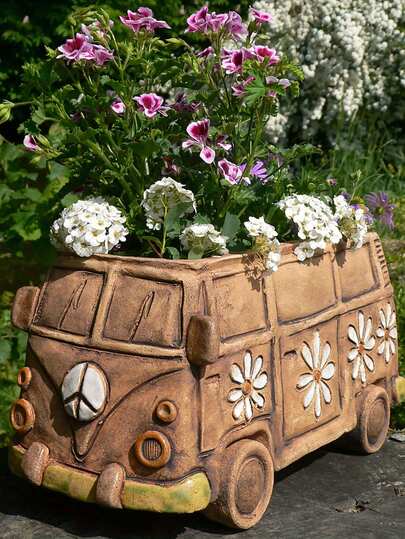1个复古嬉皮马车树脂花盆，创意室内/室外装饰花盆，多功能房间装饰，汽车模型，花园装饰，花盆，室内植物架，适用于派对、家居装饰、客厅、室内花盆、室外花盆