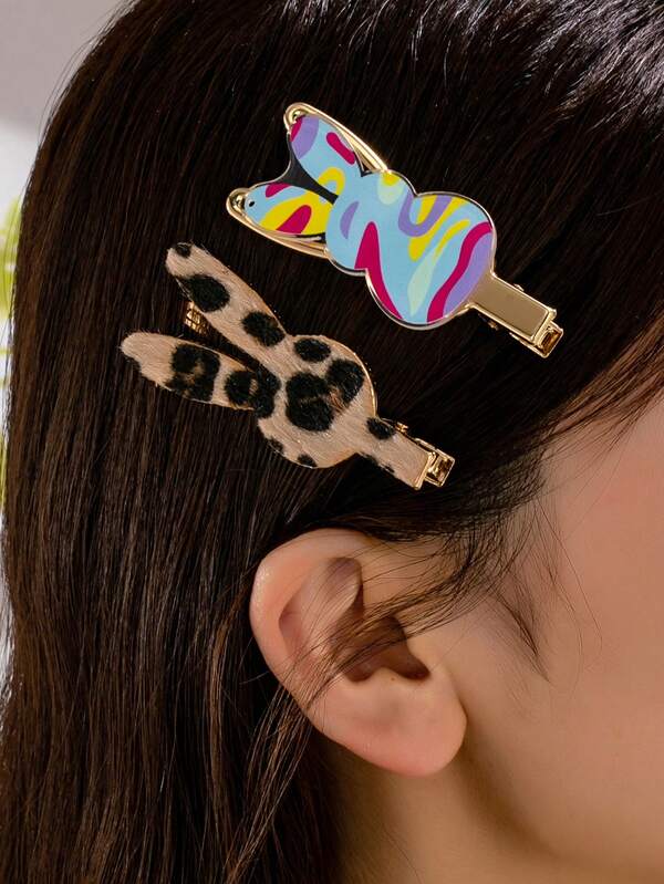 Set de 2 piezas de pasadores de pelo con orejas de conejo estilo dulce y fresco - Set de 2 piezas de pasadores de pelo con orejas de conejo estilo dulce y fresco - Pasador de pelo con orejas de conejo estilo chica picante Y2K con contraste de color personalizado, estilo de graffiti, casual diario, clásico y versátil (sin caja de regalo)