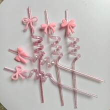 3支装可爱粉色蝴蝶结闪光螺旋吸管 - 可重复使用的塑料卷曲饮料吸管，适用于杯子、咖啡、冰沙、生日派对和婚礼装饰 - 查看 5