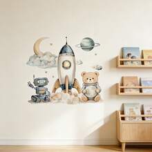 卡通宇航员熊墙贴，动物主题贴纸，适用于儿童房和卧室、幼儿园墙面装饰、客厅背景，非常适合墙面装饰和派对背景。 - 彩色 - 查看 3