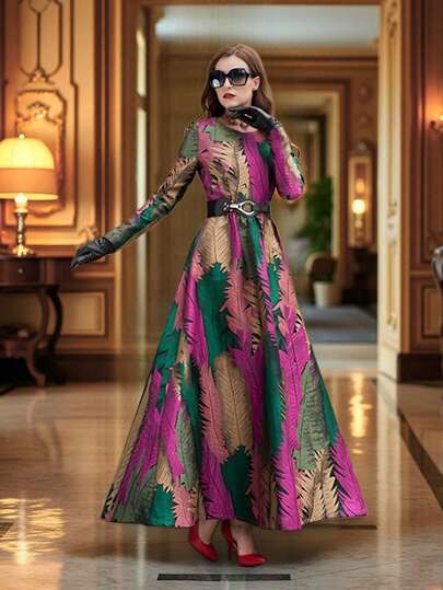 DEVCHATA 女士优雅复古长款提花正式连衣裙，圆领长袖宽松裙摆设计，适合正式场合（花卉图案随机）（不含腰带）