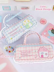 Bolsa de papelería portátil con doble capa y gran capacidad, estilo lindo a cuadros para almacenamiento de útiles escolares/de oficina - bordado a cuadros - Ver 2