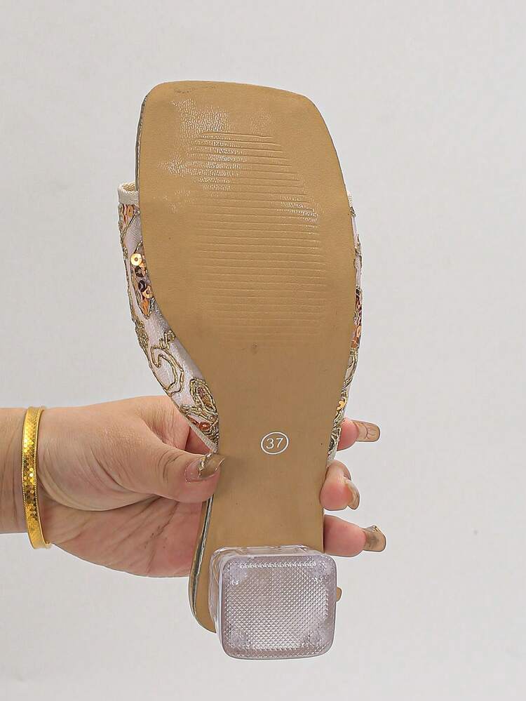 Dép lê nữ đế dày đính sequin lưới trong suốt, đính pha lê, kiểu dáng slip-on, thêu họa tiết, màu vàng. - Vàng - Xem 7