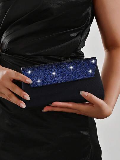 REMANLAND Luxurious And Sparkling Navy Blue Clutch With Full Glitter Panel Contrast, Boasting A Dazzling Glitter Flap, Plush Matte Navy Base And A Timeless Envelope Shape. Perfect For Formal Balls, Gala Dinners And Red Carpet Events, Making A Bold And Glamorous Statement Effortlessly With Deep Navy Hue. It Is The Best Gift For Women